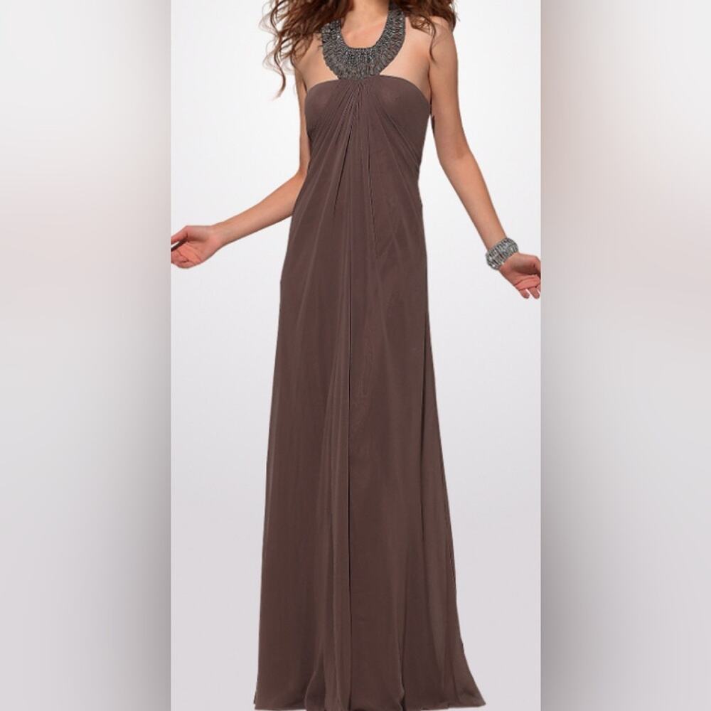 NWT LM Collection Brown / Taupe Beaded Halter Neck Empire Waist Formal Dress - 4